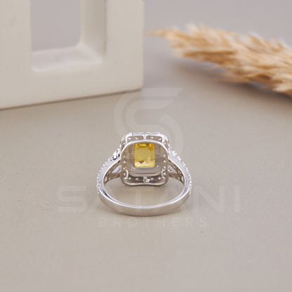 Yellow Emerald cut Wedding Ring, Emerald & Round Cut CZ Diamond Ring, Halo Engagement Ring, Split Shank Pave Engagement Ring