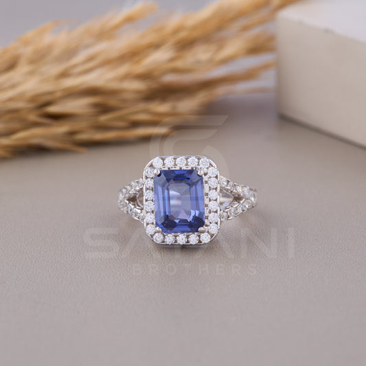 Blue Emerald cut Wedding Ring, Emerald & Round Cut CZ Diamond Ring, Halo Engagement Ring, Split Shank Pave Engagement Ring