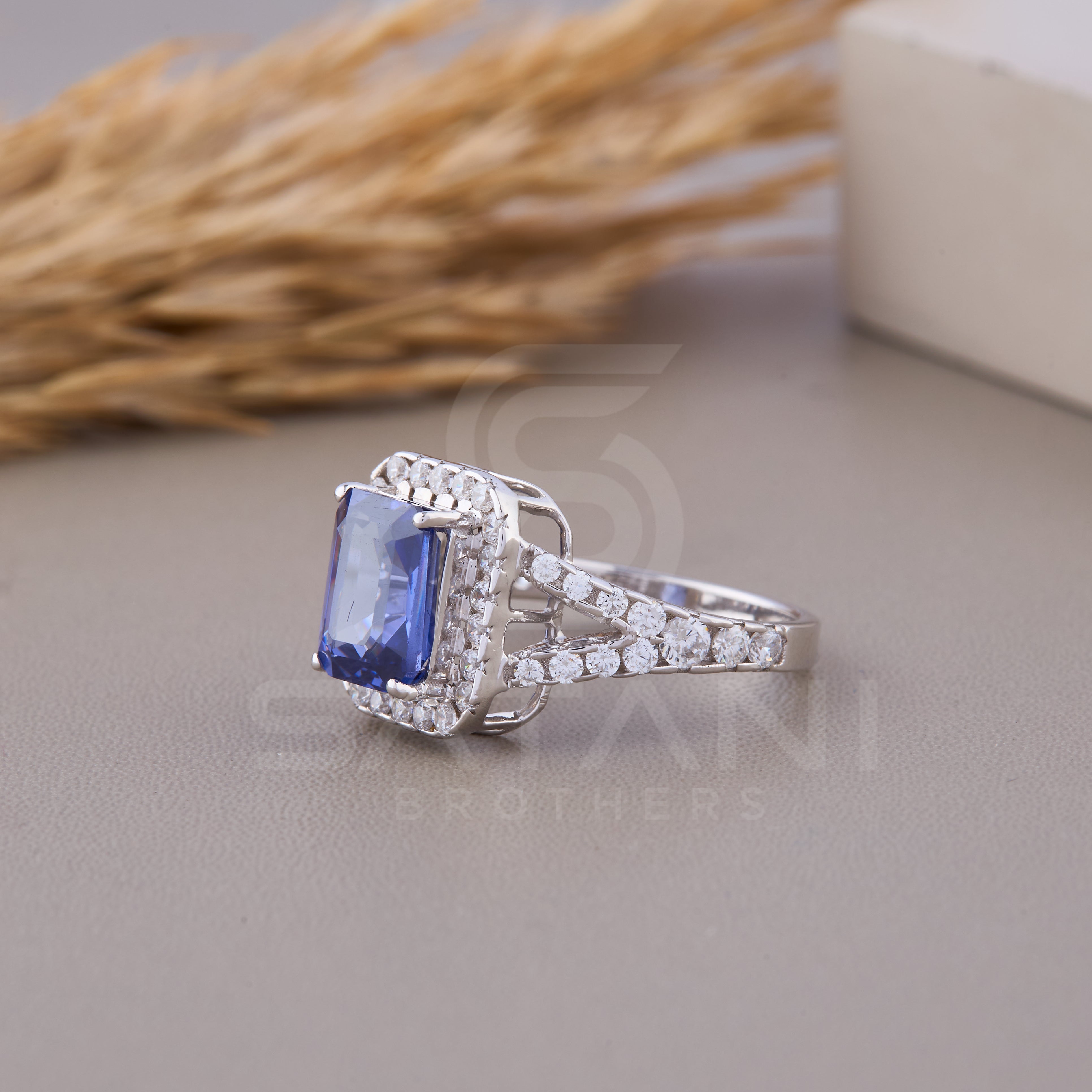 Blue Emerald cut Wedding Ring, Emerald & Round Cut CZ Diamond Ring, Halo Engagement Ring, Split Shank Pave Engagement Ring