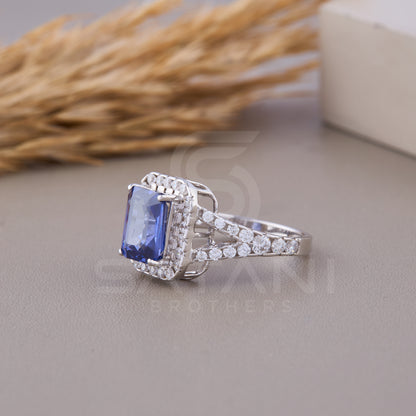 Blue Emerald cut Wedding Ring, Emerald & Round Cut CZ Diamond Ring, Halo Engagement Ring, Split Shank Pave Engagement Ring