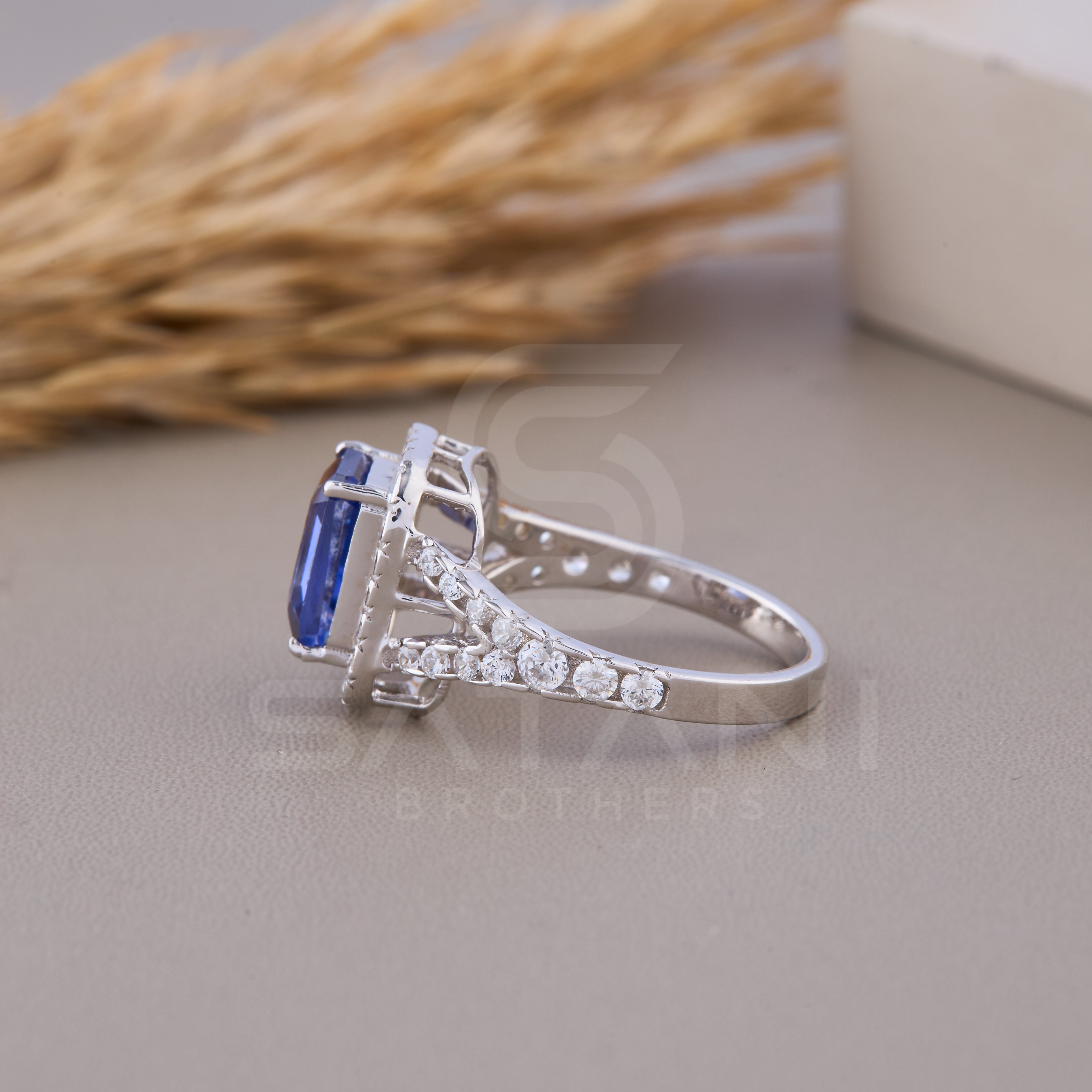 Blue Emerald cut Wedding Ring, Emerald & Round Cut CZ Diamond Ring, Halo Engagement Ring, Split Shank Pave Engagement Ring