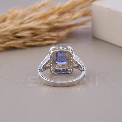 Blue Emerald cut Wedding Ring, Emerald & Round Cut CZ Diamond Ring, Halo Engagement Ring, Split Shank Pave Engagement Ring