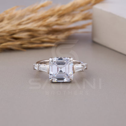 Asscher Cut Moissanite Engagement Ring ,5 stone Moissanite ring, Art Deco Promise Ring, Trapezoid Cut side diamonds ,Anniversary Gift
