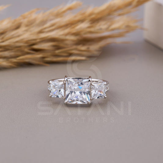 Princess Cut Three Stone Diamond Engagement Ring for Women/ Three Stone Ring/ Princess Cut Moissanite Engagement Ring/ Trilogy Wedding Ring