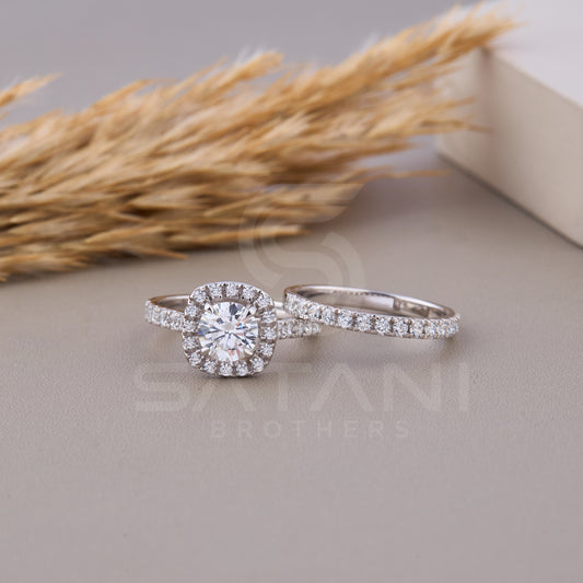 1.00 ct Wedding Engagement Ring Set With Wedding Bands Set of 2 Rings Round Cut Cushion Square Halo 14k White Gold Moissanite Diamonds