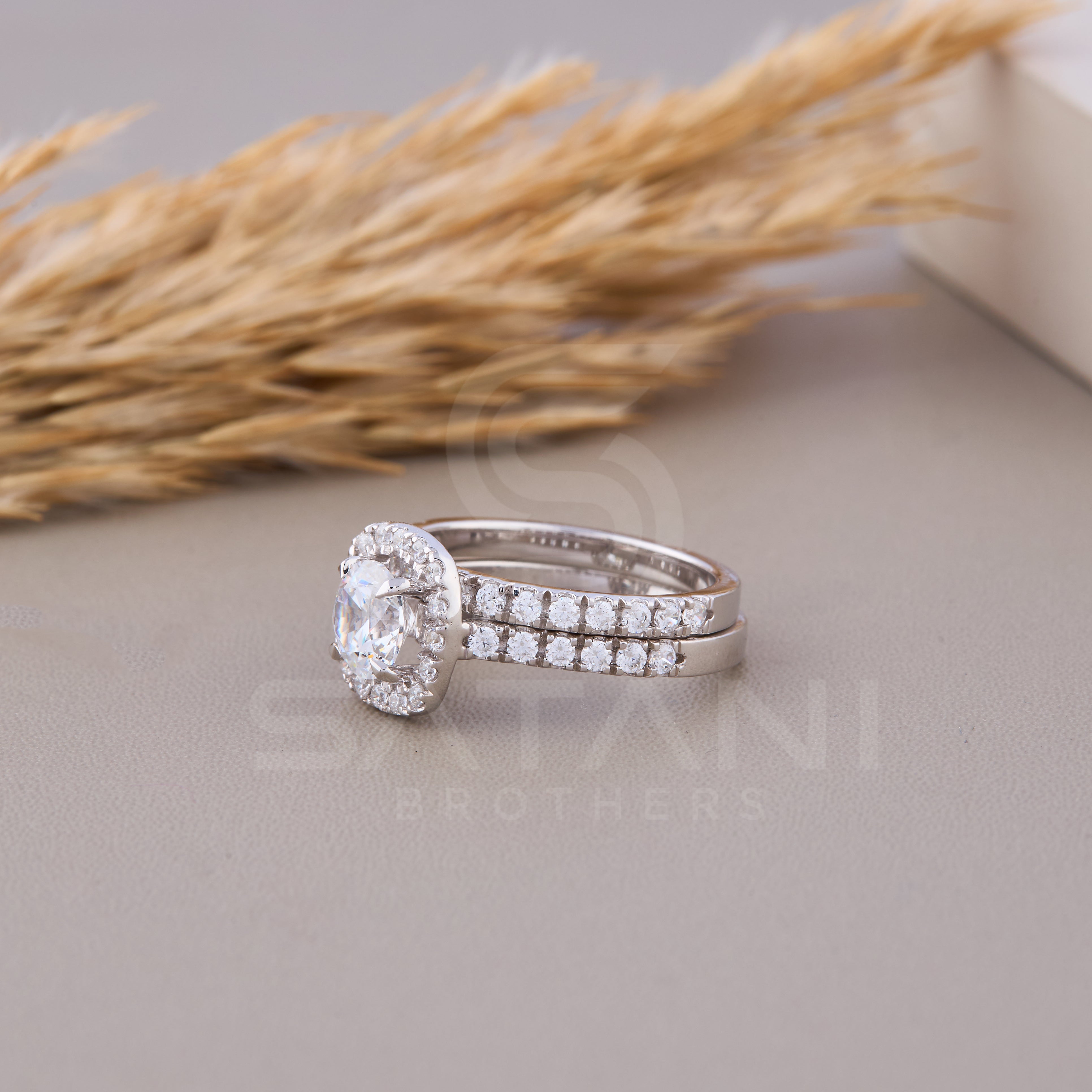 1.00 ct Wedding Engagement Ring Set With Wedding Bands Set of 2 Rings Round Cut Cushion Square Halo 14k White Gold Moissanite Diamonds