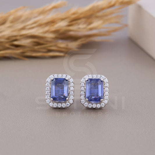 Emerald Cut Earrings, Halo Stud Earrings, Wedding Earrings