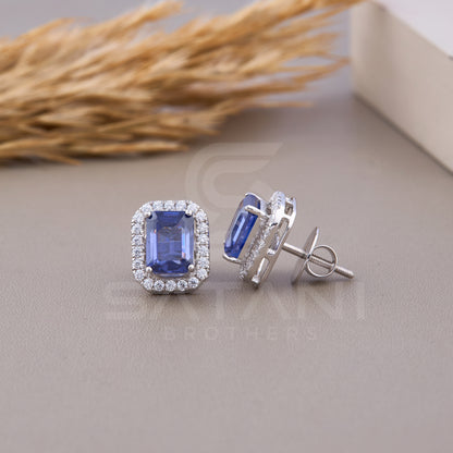 Emerald Cut Earrings, Halo Stud Earrings, Wedding Earrings
