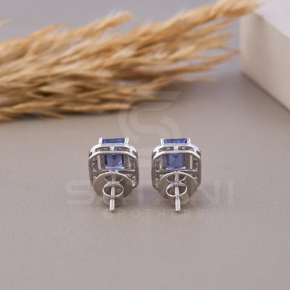 Emerald Cut Earrings, Halo Stud Earrings, Wedding Earrings