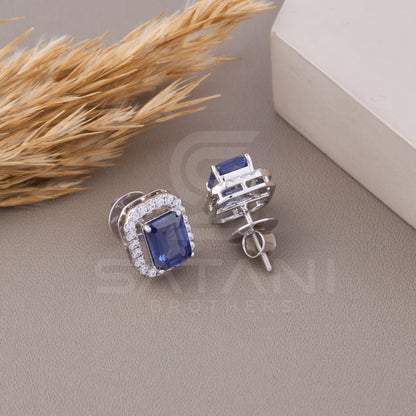 Emerald Cut Earrings, Halo Stud Earrings, Wedding Earrings