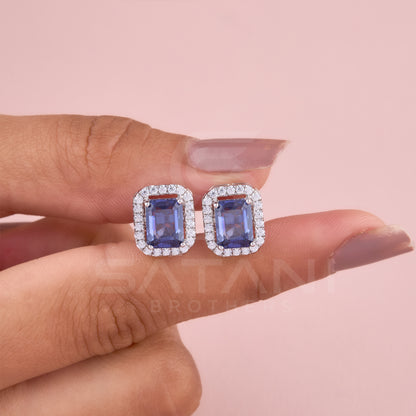 Emerald Cut Earrings, Halo Stud Earrings, Wedding Earrings