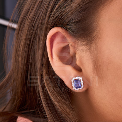 Emerald Cut Earrings, Halo Stud Earrings, Wedding Earrings