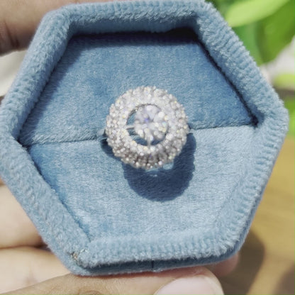 Round Halo Moissanite Statement Ring – Multi-Layer Pave Setting – Available in 925 Silver, 10K, 14K, 18K White or Rose Gold