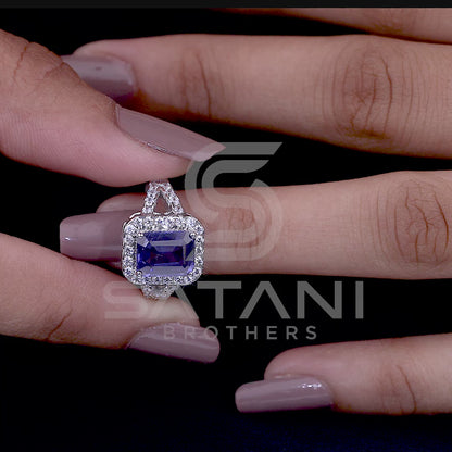 Blue Emerald cut Wedding Ring, Emerald & Round Cut CZ Diamond Ring, Halo Engagement Ring, Split Shank Pave Engagement Ring