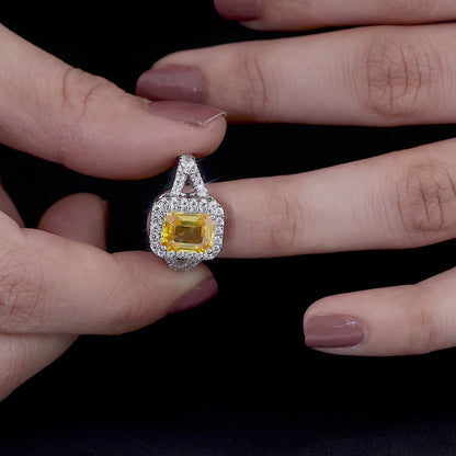 Yellow Emerald cut Wedding Ring, Emerald & Round Cut CZ Diamond Ring, Halo Engagement Ring, Split Shank Pave Engagement Ring