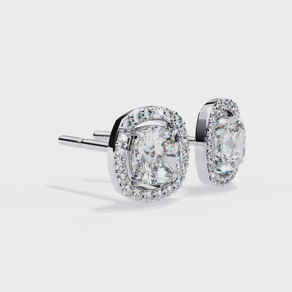 Cushion Diamond Halo Stud Earrings in 925 Sterling Silver – 1.00 Ct Total, 5.5 mm Cushion Center & 1.1 mm Round Side Diamonds, 2.8g